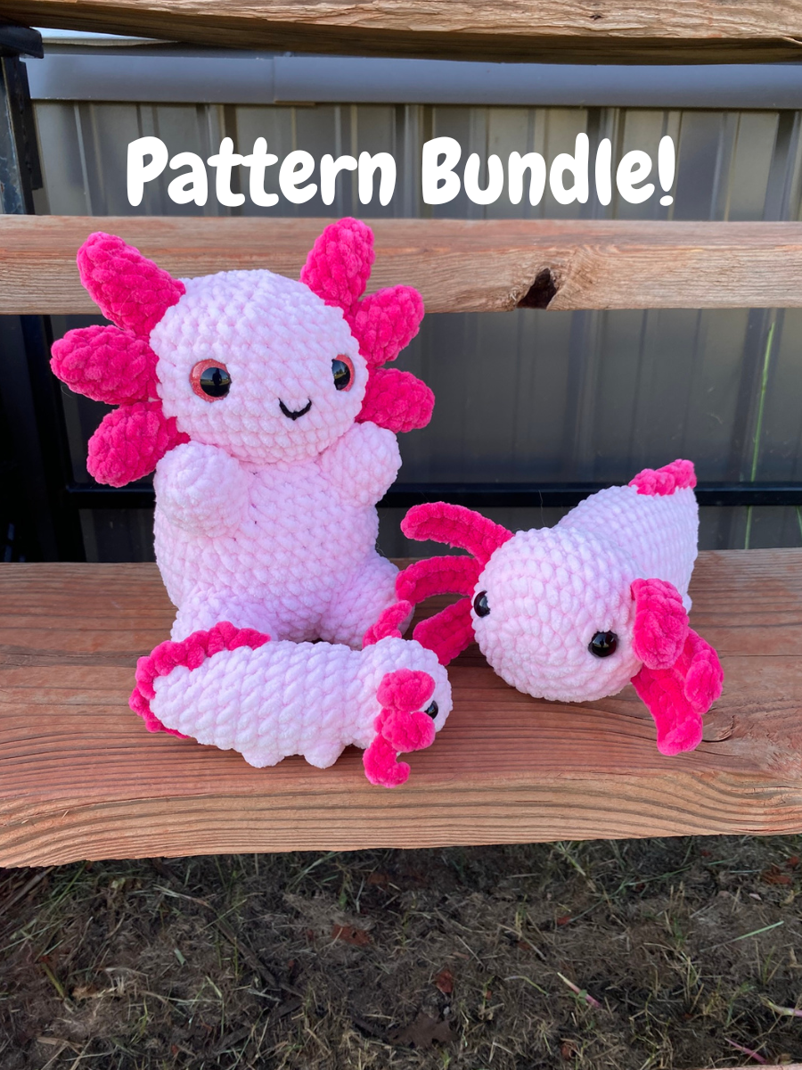 Pattern Bundle! Sitting Axolotl, NO SEW Laying Axolotl, & Mini No Sew Axolotl | PDF Download, Amigurumi, Plushie, Plush, Family, Deal