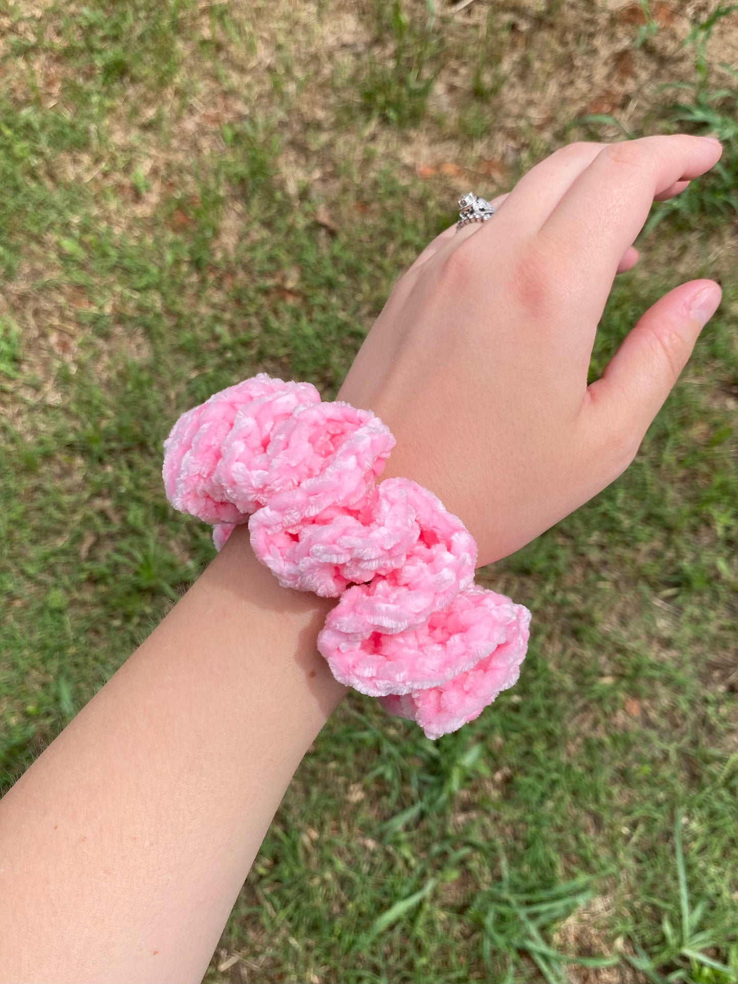 Pink Velvet Crochet Scrunchie
